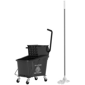 Mop Bucket With Wringer On Wheels For Floor Cleaning, 38 Quart Down Press Wringer With Handle, Black (Color: black)