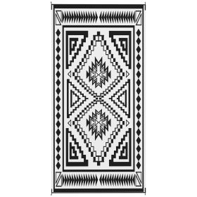 Reversible Outdoor Rug, Waterproof Plastic Straw With Carry Bag, 9 X 18, Black & White Square Patchwork (Color: black)