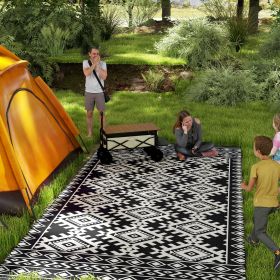 Reversible Outdoor Rug, Waterproof Plastic Straw With Carry Bag, 9 X 18, Black & White Rhombus Border (Color: black)