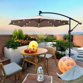 10 ft Outdoor Patio Umbrella Solar Powered LED Lighted Sun Shade Market Waterproof 8 Ribs Umbrella with Crank and Cross Base for Garden Deck Back (Main Color: Mushroom, Main Material: Fabric+Metal)