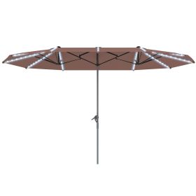 15ft Double-Sided Outdoor Umbrella With Solar Lights,  Extra Large Aluminum Patio Umbrella With Crank, Tan (Option: Tan)