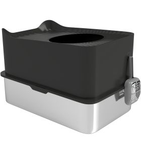 Extra Large Stainless Steel Litter Box, Enclosed Cat Litter Box With Scoop, Top Entrance, Non-slip Pads, Black (Color: black)
